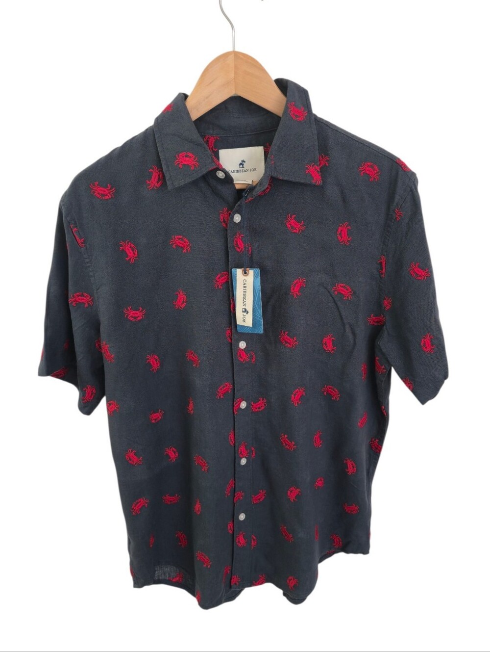 NWT Caribbean Joe Hawaiian Embroidered Crab Shirt Linen Blend Blu SZ Medium Blue